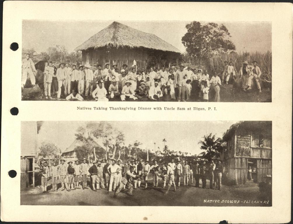 (Top) Natives taking Thanksgiving dinner with Uncle Sam at Iligan, P. I. (Bottom) Native scouts – Iligan – P. I.