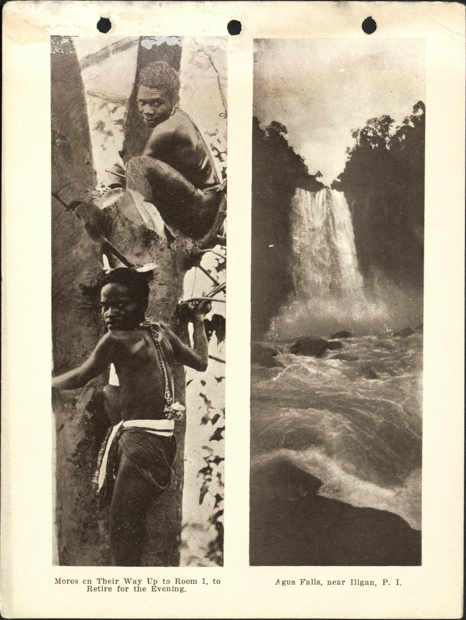(Left) Moros on their way up to Room 1, to retire for the evening. / (Right) Agus Falls, near Iligan, P. I.