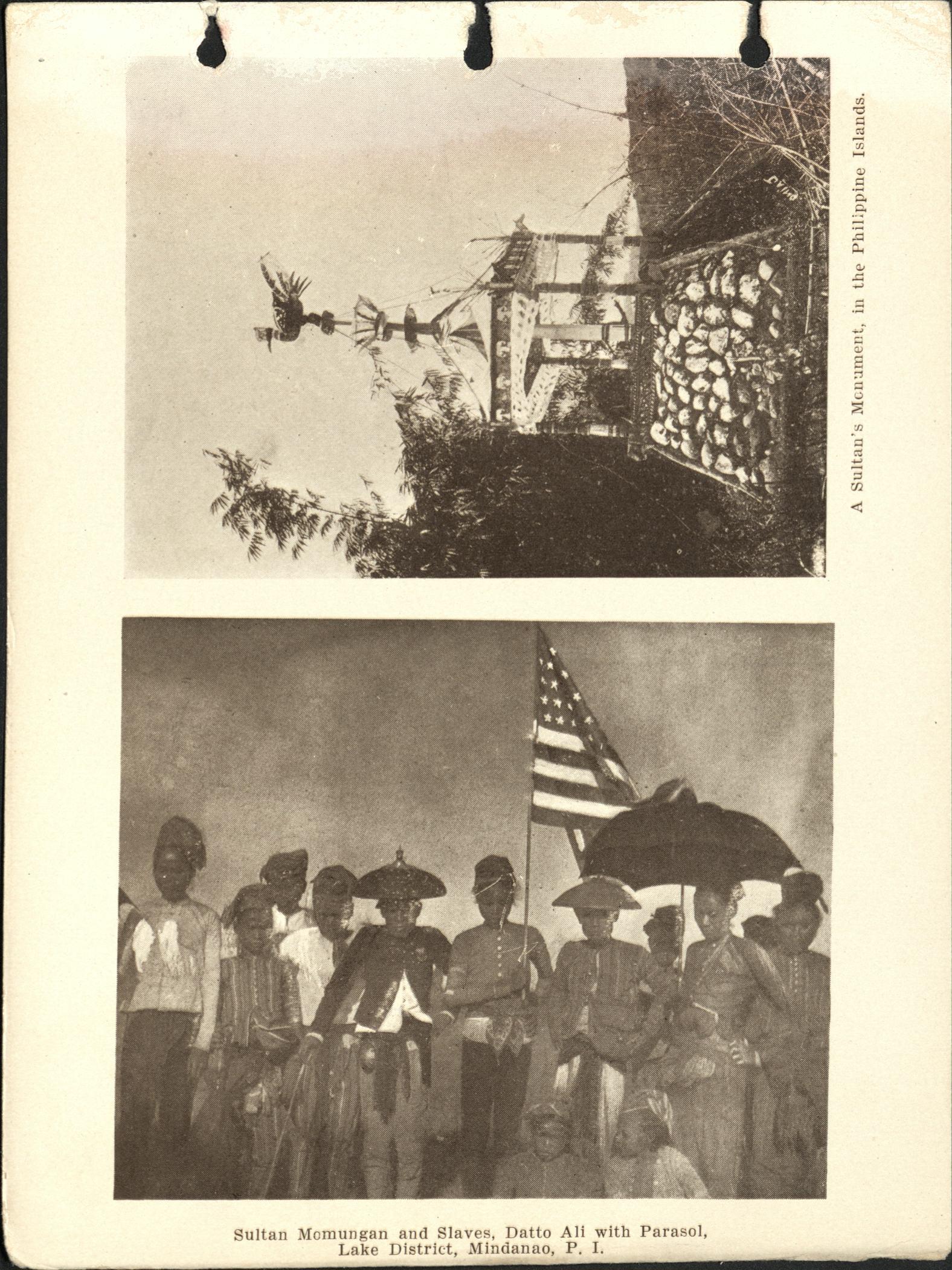 (Left) A sultan’s monument, in the Philippine Islands. (Right) Sultan Momungan and slaves, Datto Ali with parasol, Lake District, Mindanao, P. I.