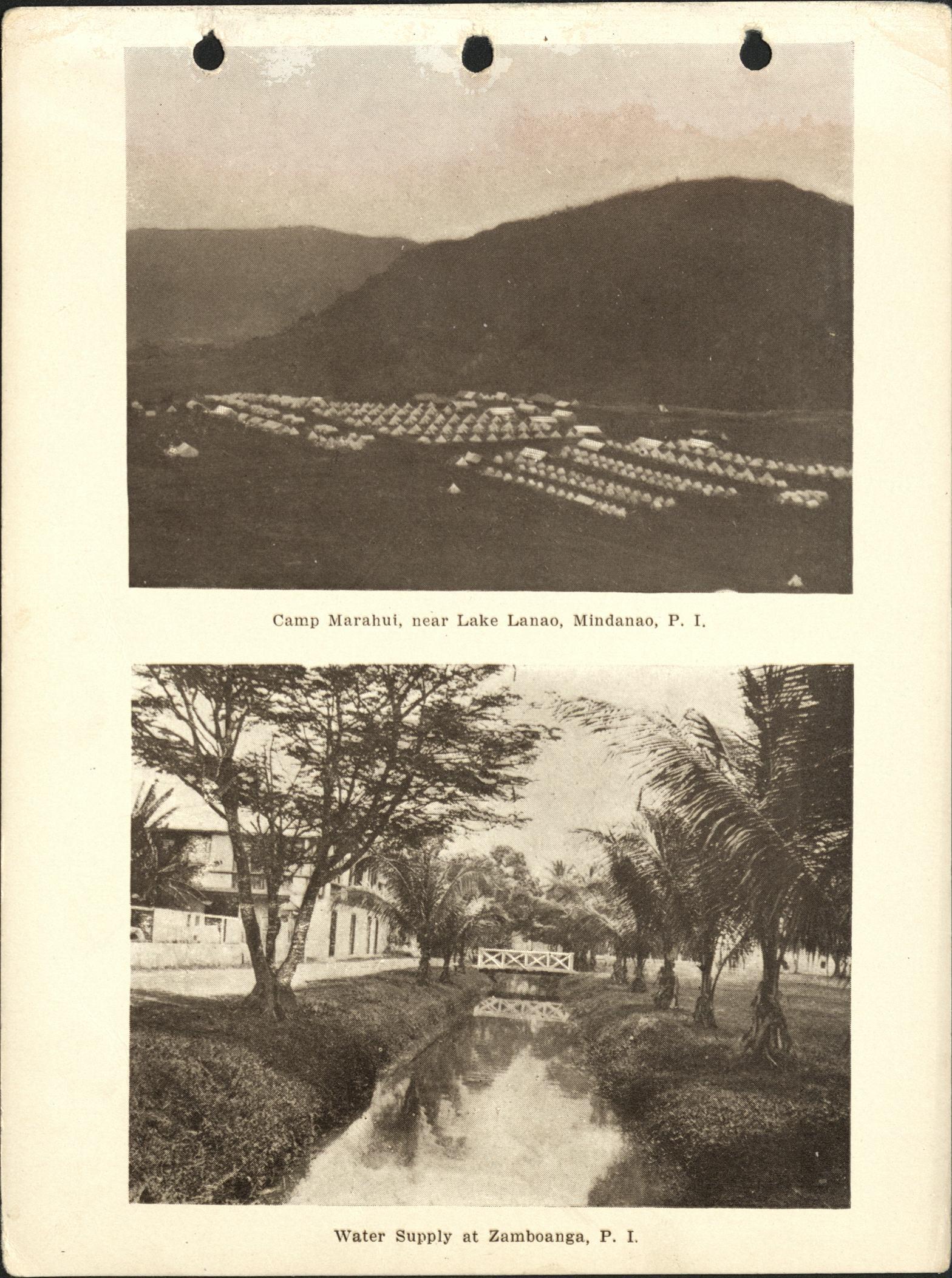 (Top) Camp Marahui [Camp Keithley] near Lake Lanao, Mindanao, P. I. / (Bottom)  Water supply at Zamboanga, P. I.