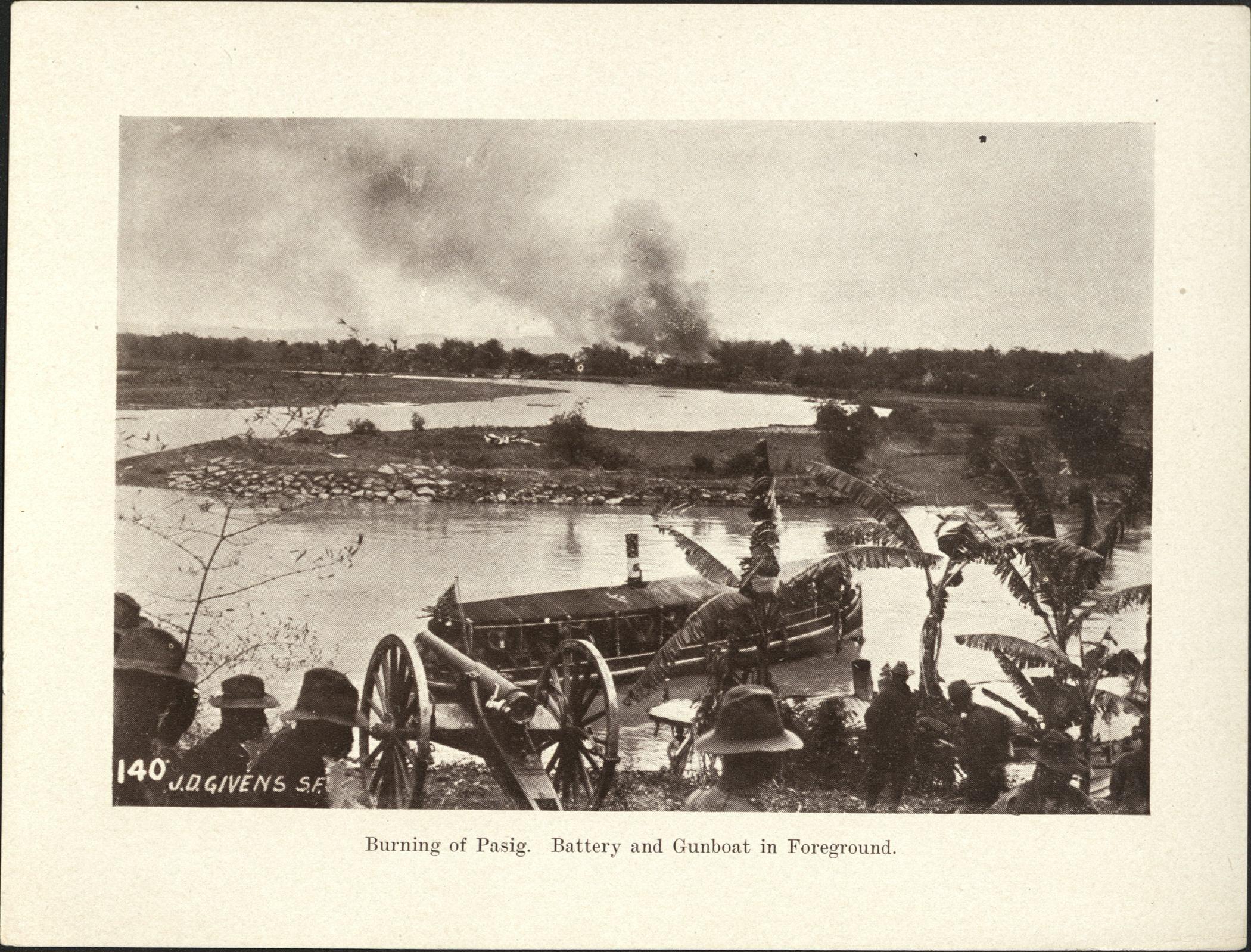 140. Burning of Pasig. Battery and gunboat in foreground.
