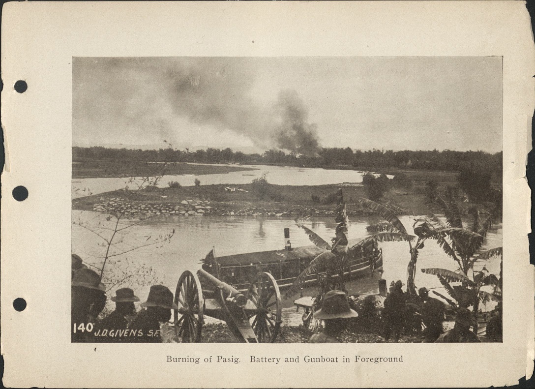 140. Burning of Pasig. Battery and gunboat in foreground.