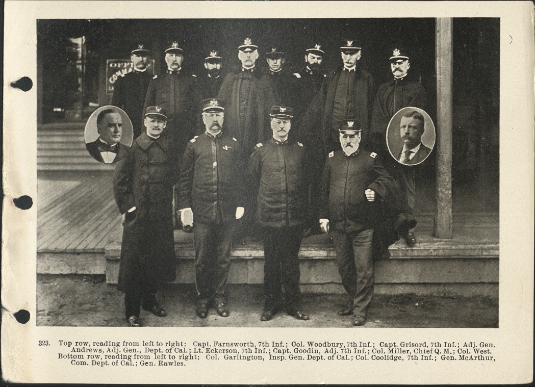 323. Top row, reading from left to right: Capt. Farnsworth, 7th Inf.; Col. Woodbury, 7th Inf.; Capt. Grisord, 7th Inf.; Adj. Gen. Andrews, Adj. Gen., Dept. of Cal.; Lt. Eckerson, 7th Inf.; Capt. Goodin, Adj. 7th Inf; Col. Miller, Chief Q.M.; Col. West….
