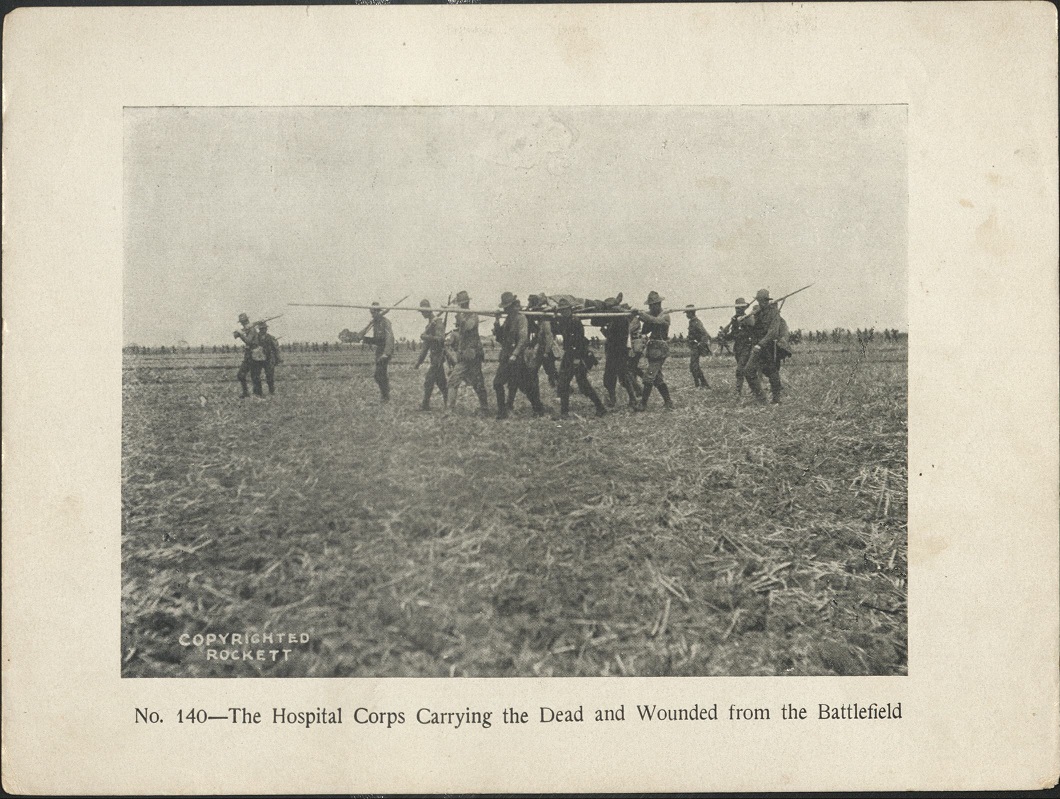 No. 140 – The Hospital Corps carrying the dead and wounded from the battlefield.