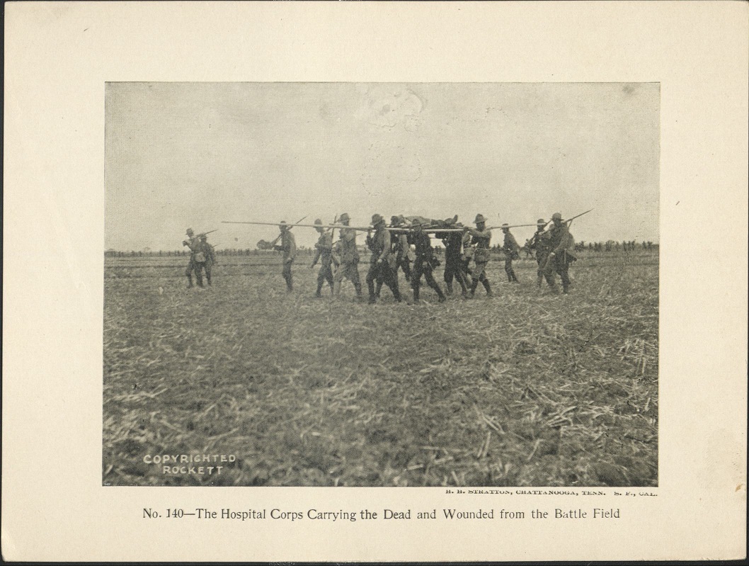 No. 140 – The Hospital Corps carrying the dead and wounded from the battlefield.