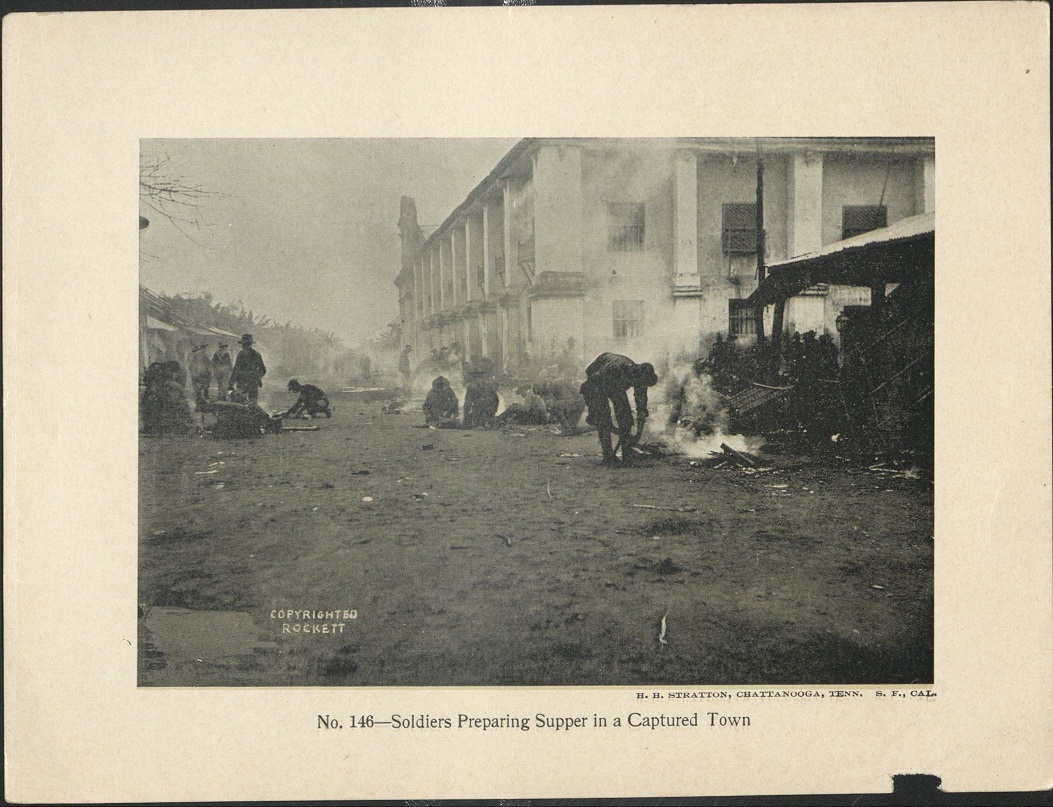 No. 146 – Soldiers preparing supper in a captured town.