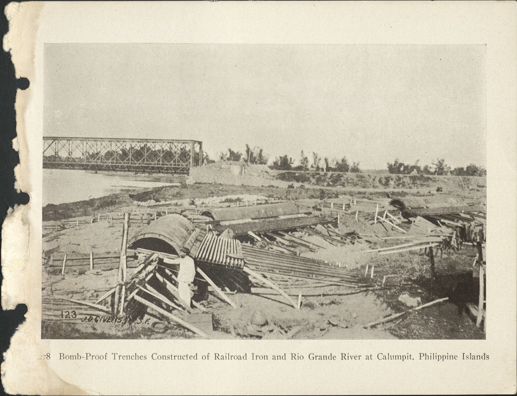 278. Bomb-proof trenches constructed of railroad iron and Rio Grande River at Calumpit, Philippine Islands.