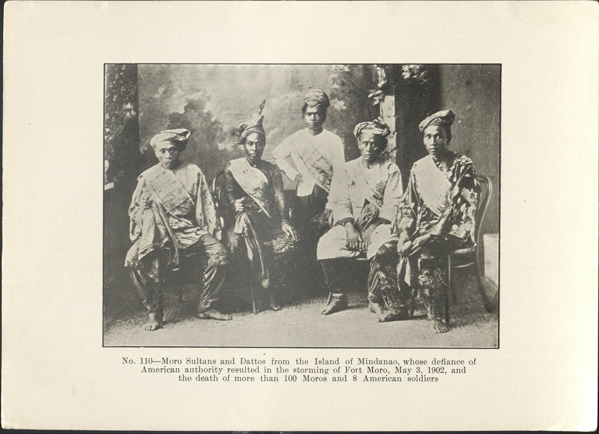 No. 110 – Moro sultans and dattos [datos] from the Island of Mindanao, whose defiance of American authority resulted in the storming of Fort Moro, May 3, 1902, and the death of more than 100 Moros and 8 American soldiers.
