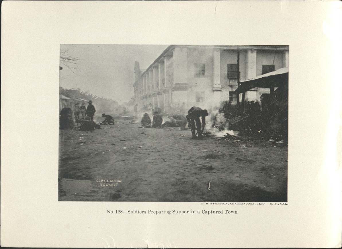 No. 128 – Soldiers preparing supper in a captured town.