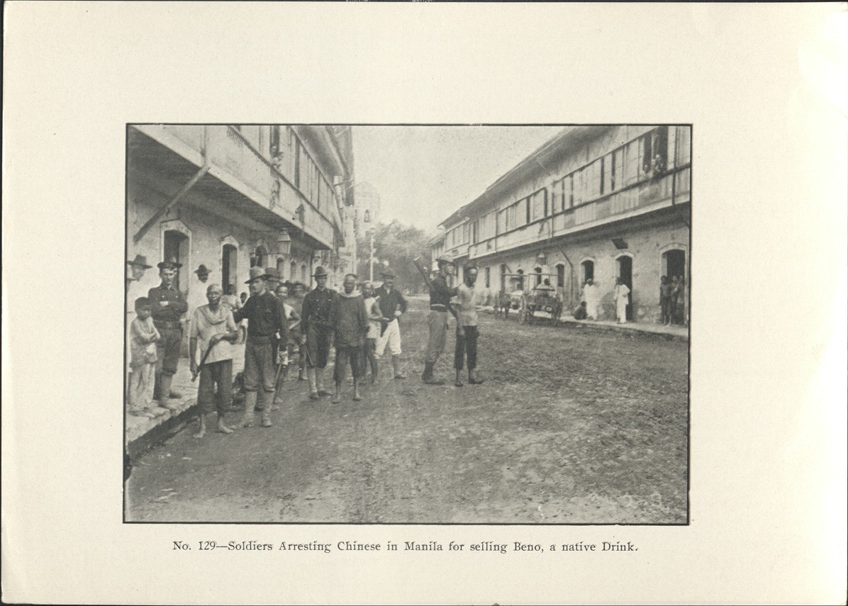 No. 129 – Soldiers arresting Chinese in Manila for selling Beno, a native drink.