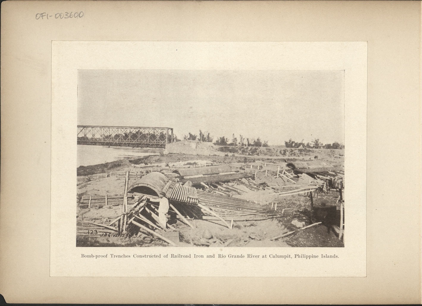 123. Bomb-proof trenches constructed of railroad iron and Rio Grande River at Calumpit, Philippine Islands.