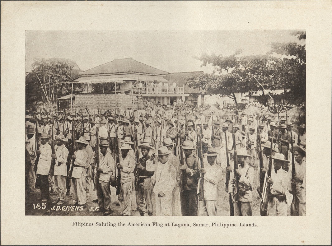 145. Filipinos saluting the American flag at Laguna [Laguan], Samar, Philippine Islands.