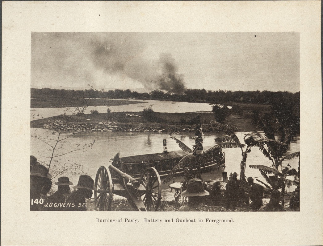 140. Burning of Pasig. Battery and gunboat in foreground.