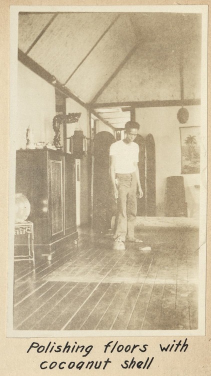 Domestic servants – Polishing floors with cocoanut [coconut] shell.