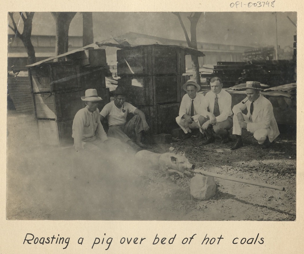 Roasting a pig over bed of hot coals.