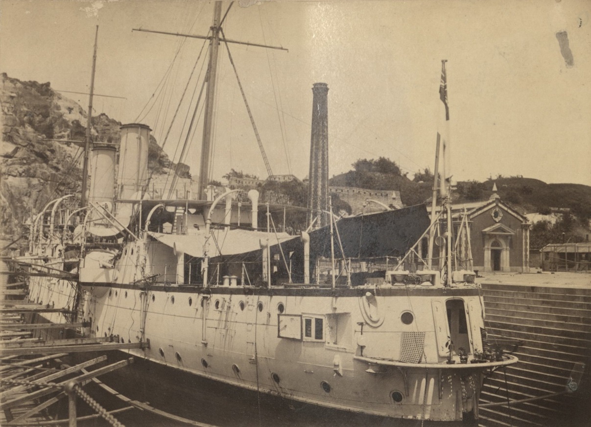 [Untitled – Ship in dry dock, Hong Kong?].