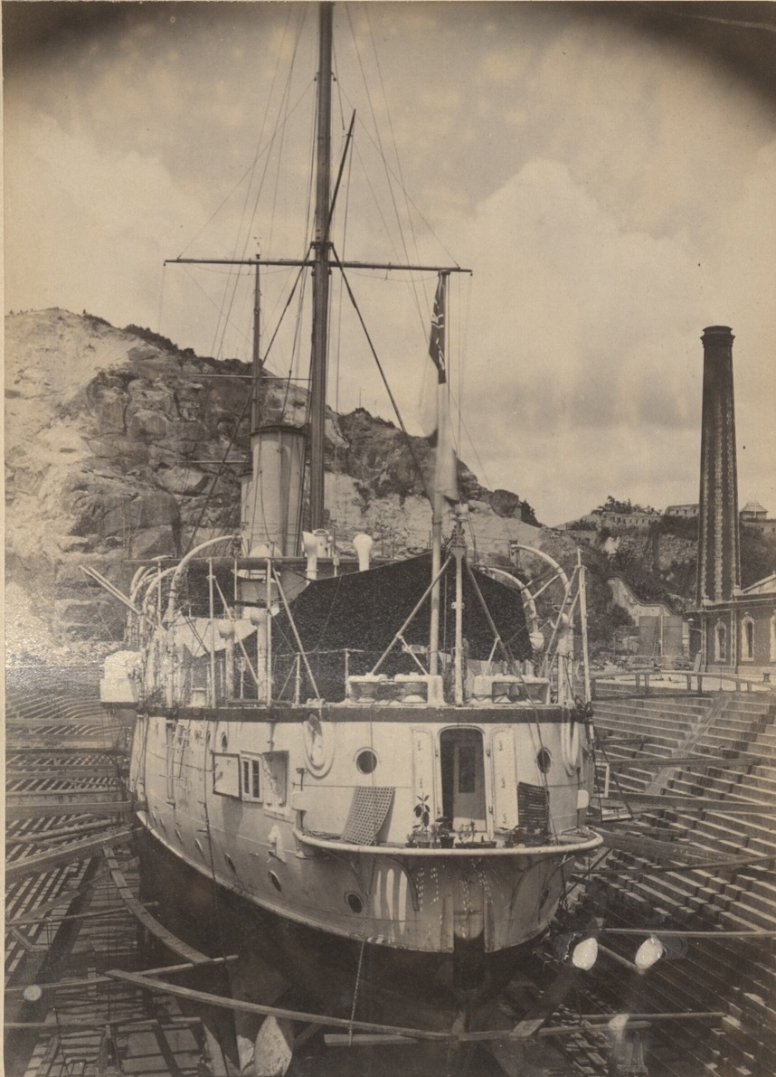 [Untitled – Ship in dry dock, Hong Kong?].