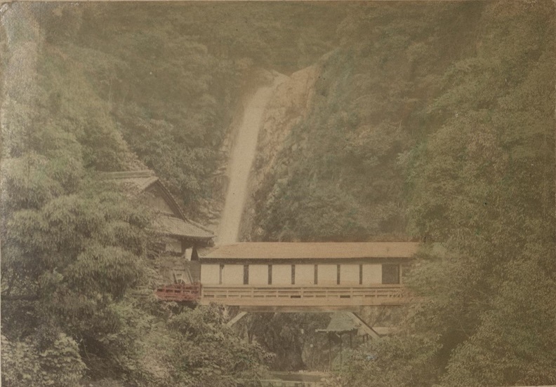 [Untitled – Waterfall and covered bridge, Japan].