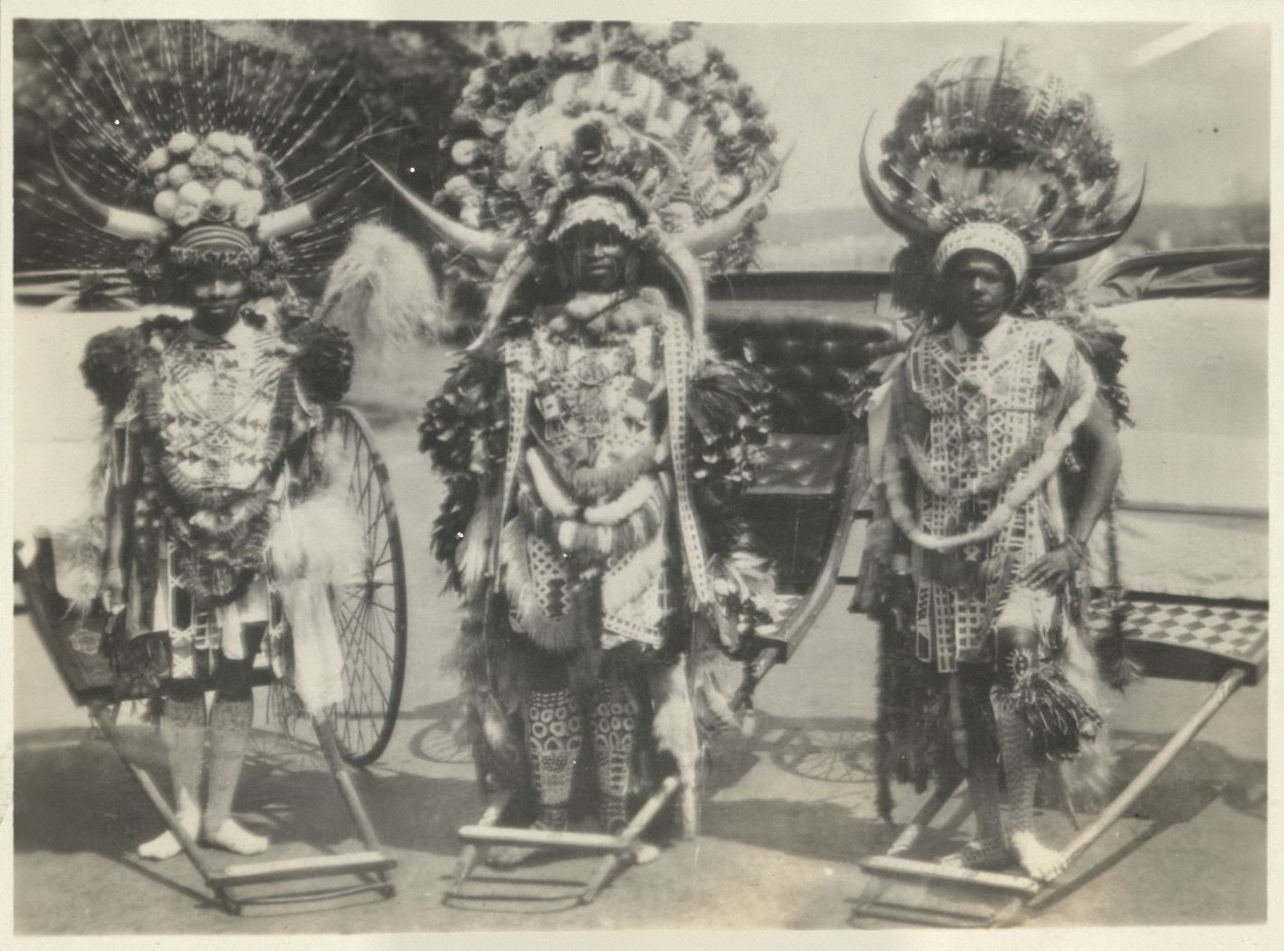 “Ifugao Igorots in their war custom [costume]. This was taken last Dec. 1932 150 miles from Bontoc P. I.” [Actually – Zulu rickshaw drivers in Durban, South Africa].