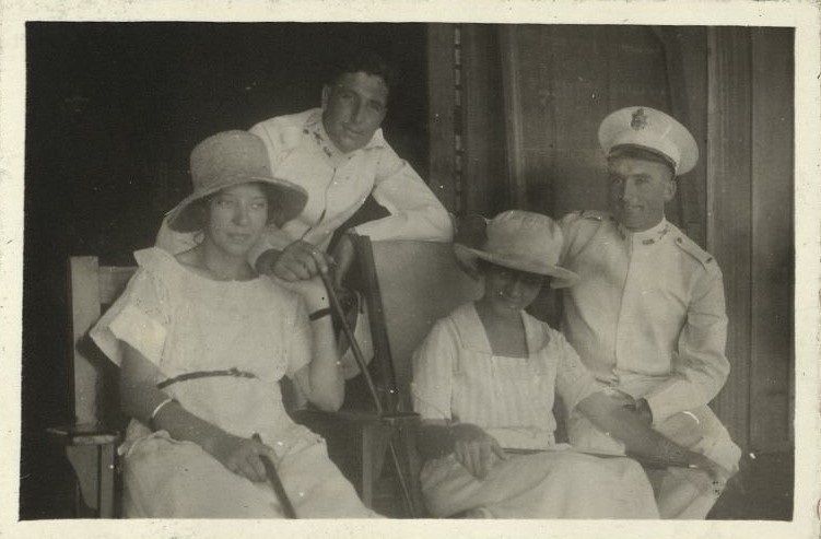 April 18, 1920. With Lt. & Mrs. Haggelstein at Caballo [Island]. Capt. Adams, C.O. Everybody happy. [Officers and wives].