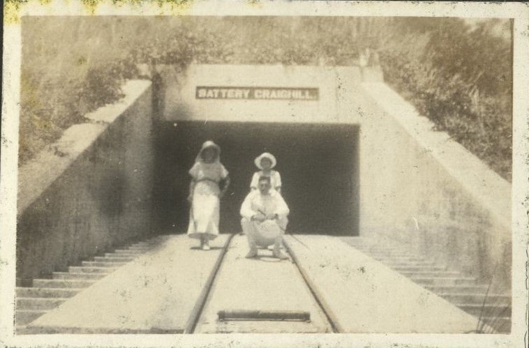 April 18, 1920. With Lt. & Mrs. Haggelstein at Caballo [Island]. Capt. Adams, C.O. [Girls at entrance to Battery Craighill, Fort Hughes].