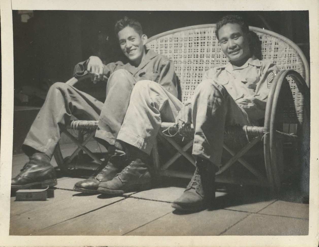 [Army] buddies – M/Sgts. [Master Sergeants] Oller & Roxas, who escaped the Bataan Death March.