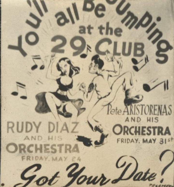Seen around the 29th [Engineer Base Topographic Battalion. 29 Club dance band sign]