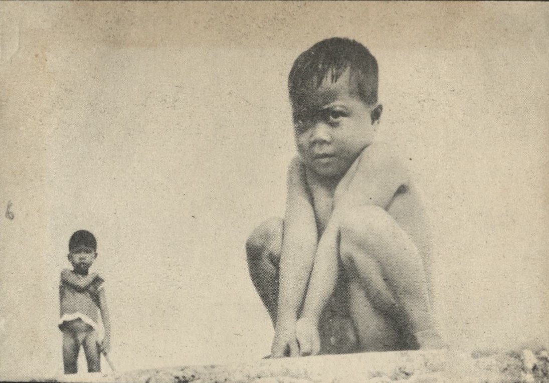 [Untitled – Two wet young boys after swimming or bathing].