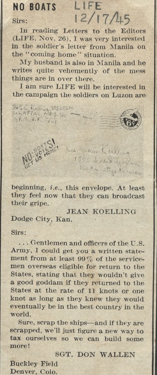 No boats [Letters to the Editor, LIFE Magazine].
