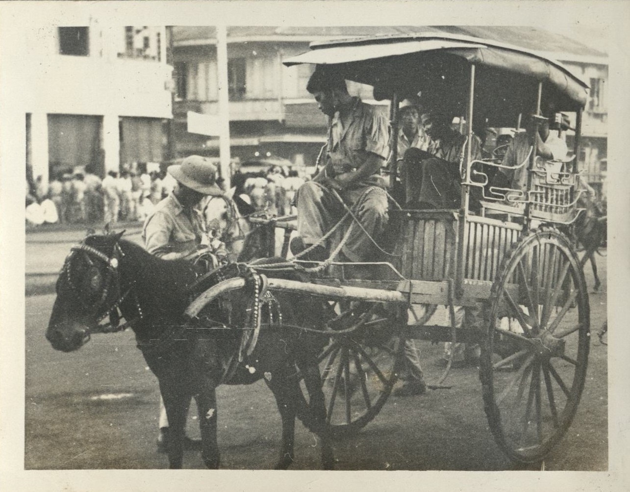 [Untitled – Calesa and small horse on a busy street].