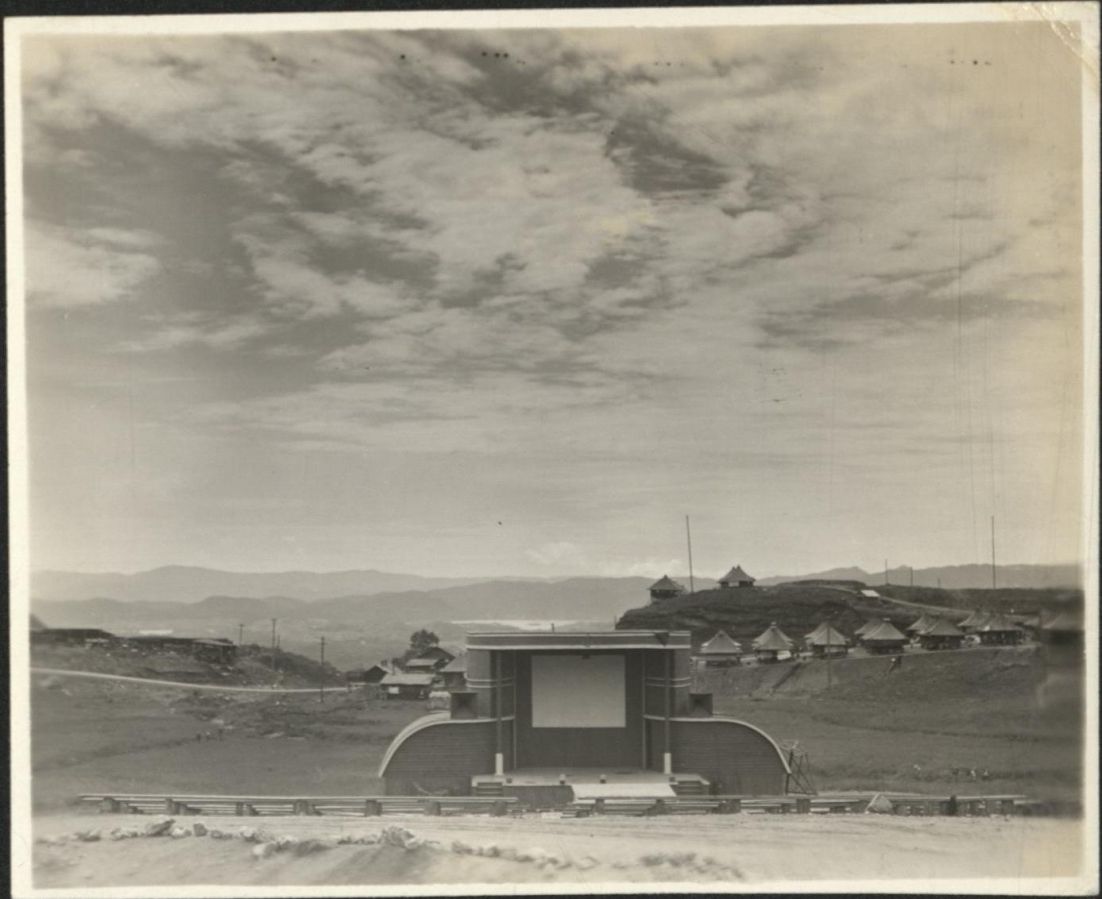 [Untitled – Amphitheater, stage & movie screen at U.S. Army camp, Luzon, 1945].