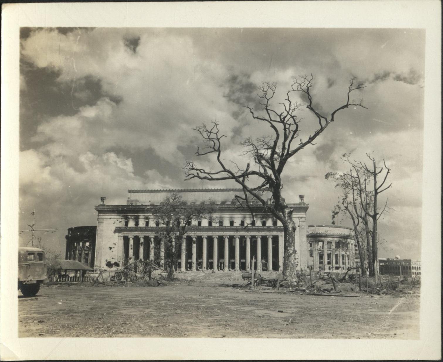 [Untitled – Destruction of Manila during liberation: Fire-blackened shell of Post Office building, February 1945].