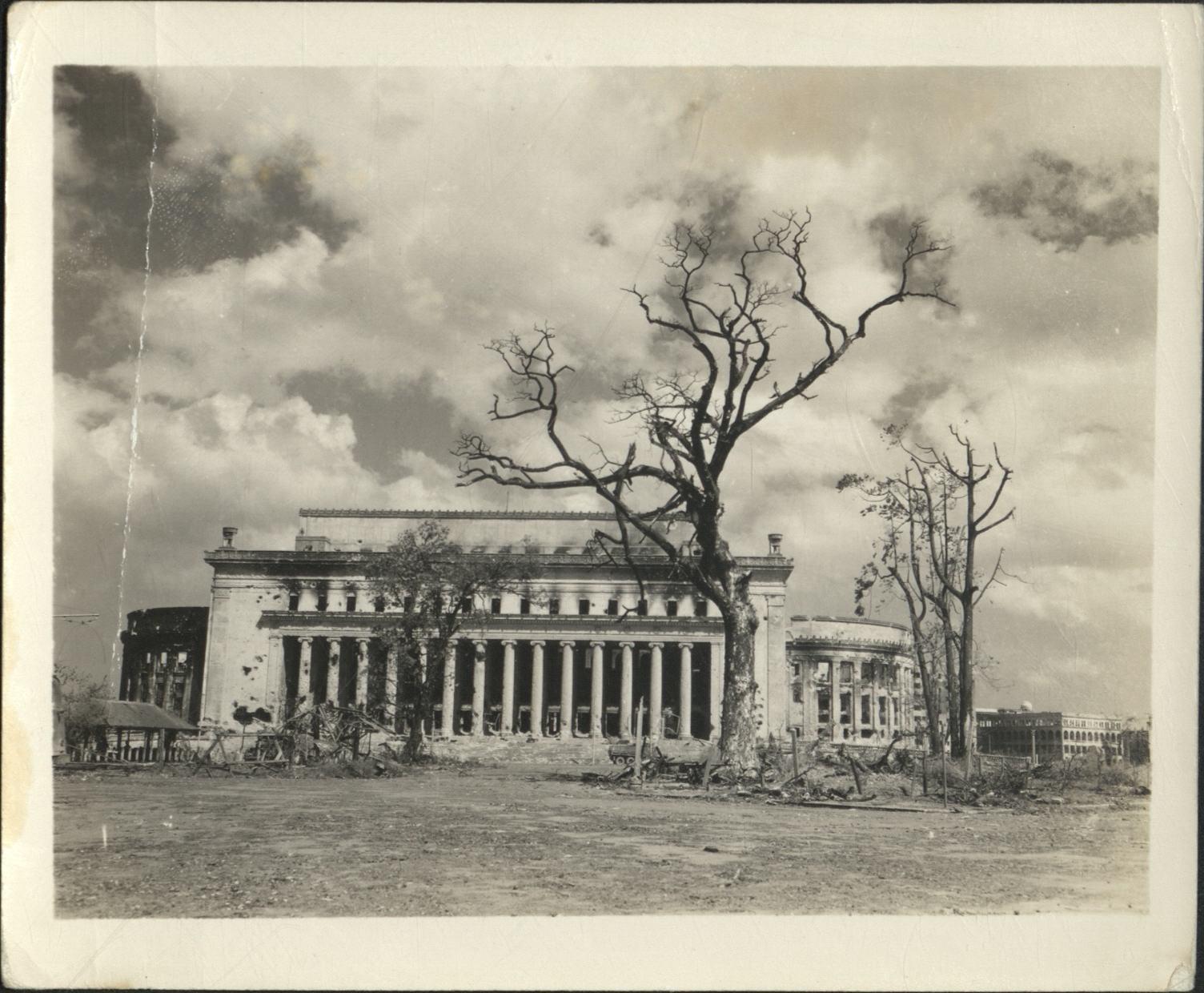 [Untitled – Destruction of Manila during liberation: Fire-blackened shell of Post Office building, February 1945].