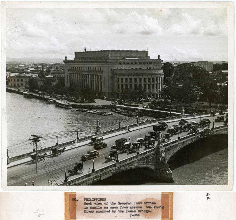 90. PHILIPPINES: Back view of the General Post Office in Manila as seen from across the Pasig River spanned by the Jones Bridge.  J-966.