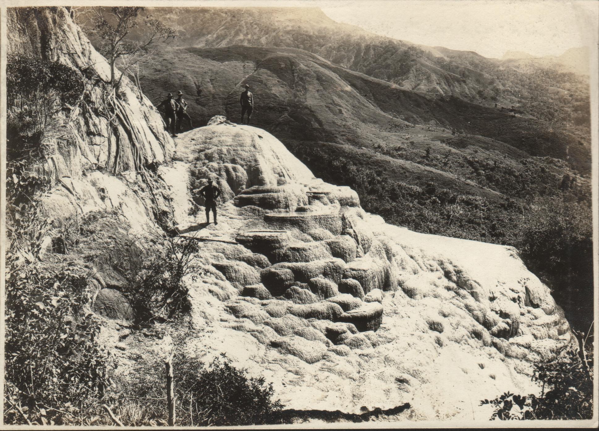 Salt deposit with group. Reading from left to right the ex-Secretary of the Interior, Gov. Conner, Cat, Mannina [Salinas Salt Springs, Bambang, Nueva Vizcaya].