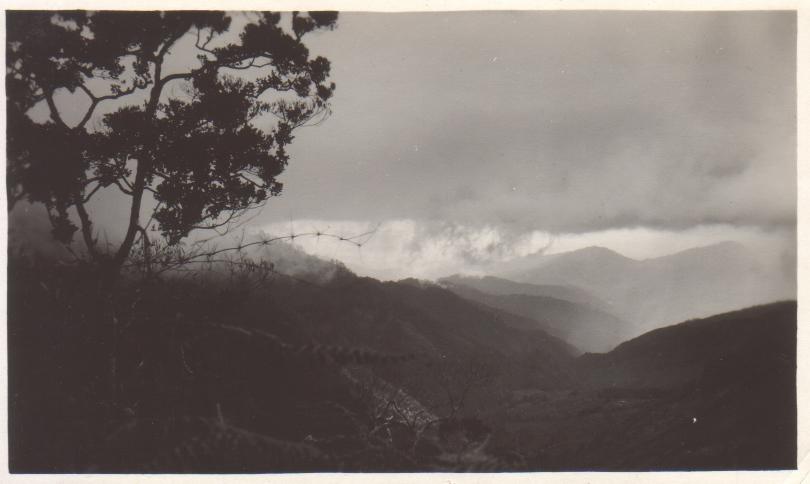 [Untitled – Rain clouds, trees, and mountains].
