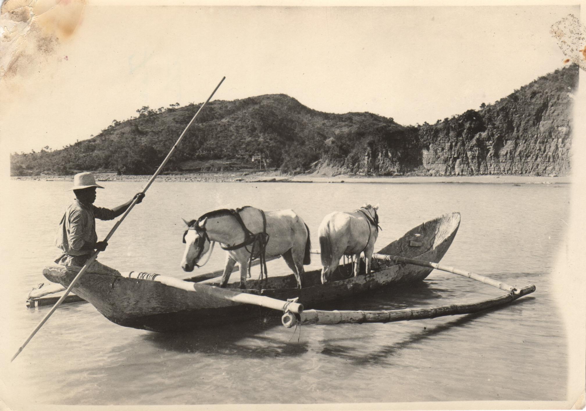 Ferrying horses across the Tagudin River [sic: Amburayan River] in a banca. Amburayan, Sub. Prov. [sic: Tagudin, Ilocos Sur].