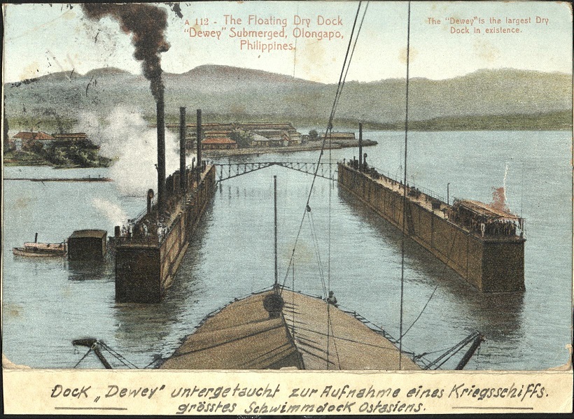 A 112 ï¿½ The floating dry dock ï¿½Deweyï¿½ submerged, Olongapo, Philippines. The ï¿½Deweyï¿½ is the largest dry dock in existence.