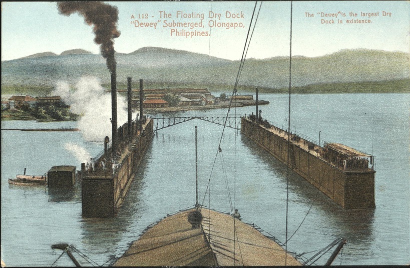 A 112 ï¿½ The floating dry dock ï¿½Deweyï¿½ submerged, Olongapo, Philippines. The ï¿½Deweyï¿½ is the largest dry dock in existence.