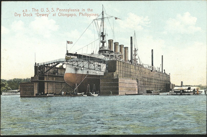 A 3 ï¿½ The U.S.S. Pennsylvania in the dry dock ï¿½Deweyï¿½ at Olongapo, Philippines.