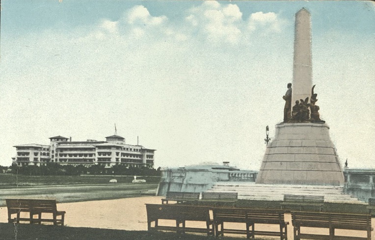 Rizal Monument, Luneta, Manila, P. I. Showing Manila Hotel in the Distance.