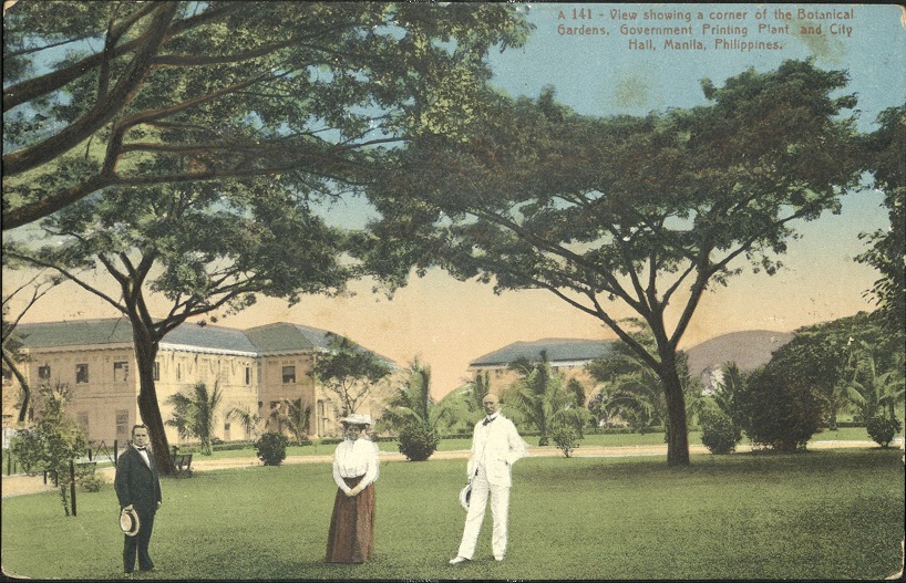 A 141 ï¿½ View showing a corner of the Botanical Gardens, Government Printing Plant, and City Hall, Manila, Philippines.