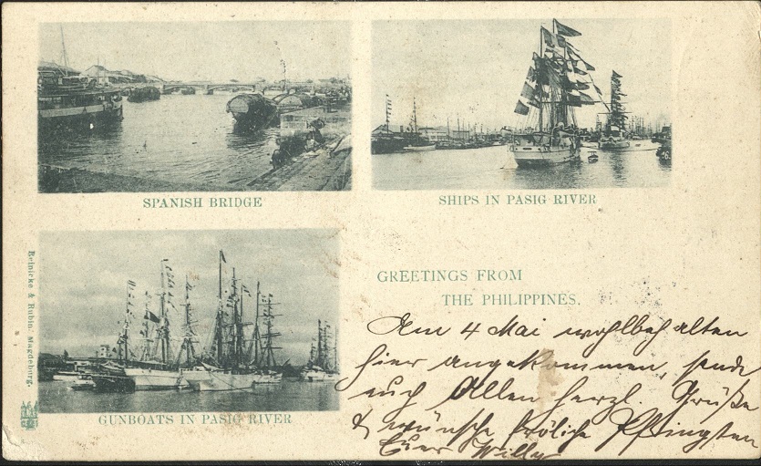 Spanish Bridge / Ships in Pasig River / Gunboats in Pasig River (Greetings from the Philippines).