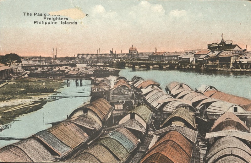 The Pasig River with Casco Freighters, Philippine Islands.