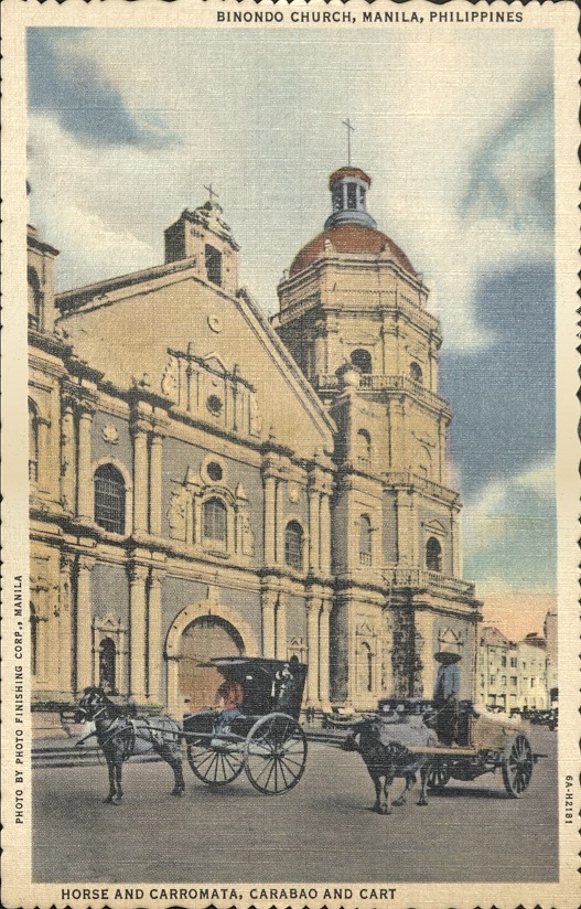 Binondo Church, Manila, Philippines / Horse and Carromata, Carabao and Cart.