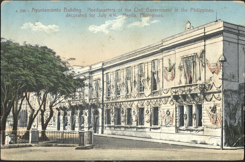 A 239 ï¿½ Ayuntamiento Building. Headquarters of the Civil Government in the Philippines, decorated for July 4th.