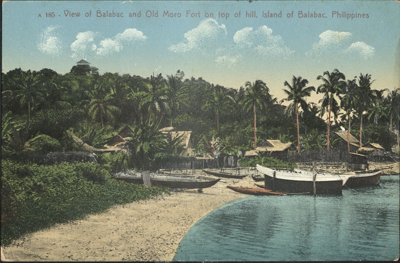 A 185 ï¿½ View of Balabac and Old Moro Fort on top of hill, Island of Balabac, Philippines.