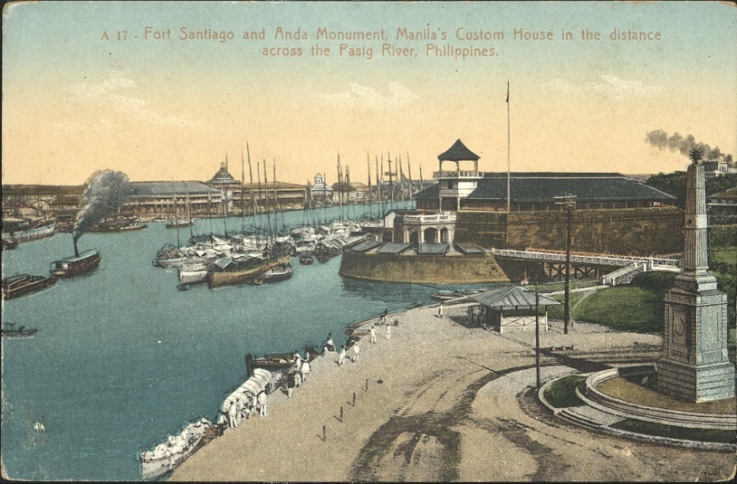 A 17 ï¿½ Fort Santiago and Anda Monument, Manilaï¿½s Custom House in the distance across the Pasig River, Philippines.