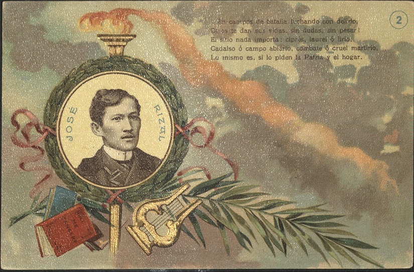 Josï¿½ Rizal ï¿½Mi ï¿½ltimo Adiï¿½sï¿½ 2nd stanza. En campos de batalla, luchando con delirioï¿½ [On the fields of battle, in the fury of fightï¿½]