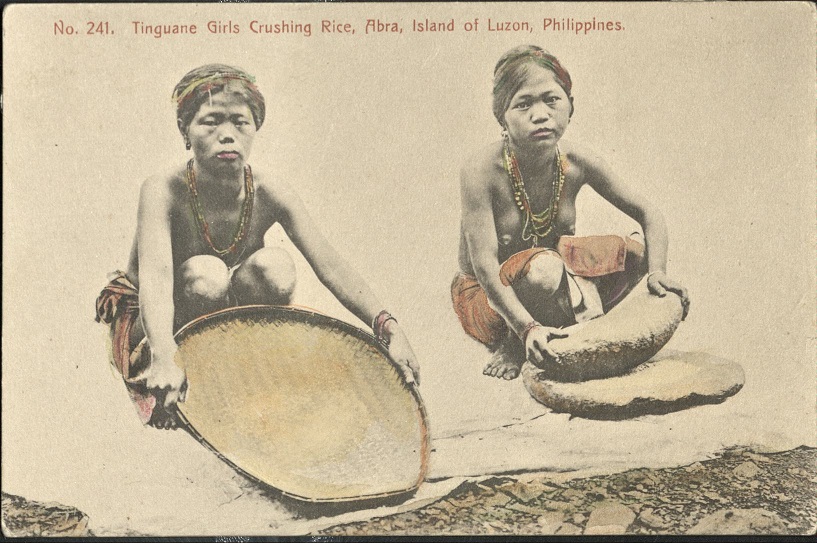 No. 241. Tinguane [Tinguian, or Itneg] Girls Crushing Rice, Abra, Island of Luzon, Philippines.